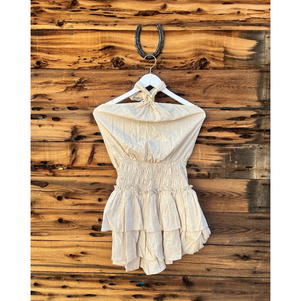 SHEIN | Linen Tan Cream Halter Ruffle Mini Dress S